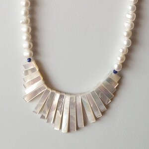 CS07 White Cultured Pearl & White Shell Bar Gemstone Necklace.