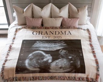 Personalized Ultrasound Photo Woven Blanket, Est Pregnancy Reveal Gift for New Grandma Blanket