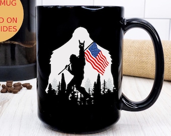 Bigfoot Coffee Mug, Dad 4th of July Mug, Patriotic American Flag Bigfoot Mug, Sasquatch Gift for Dad, Father’s Day Mug 11oz 15oz