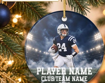 Football Player Photo Ornament with Gift Box, Personalized Player Name Number School and Year, Custom Senior Football Gift
