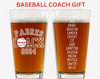 Baseball Coach Pint Glass, Baseball Coach Beer Glass, End Of Season Personalized Baseball Coach gift, Assistant Baseball coach Custom gift