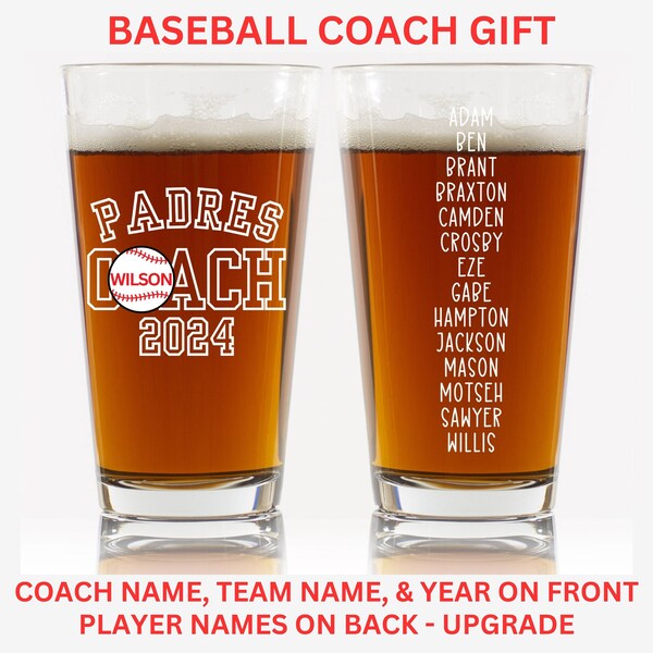 Baseball Coach Pint Glass, Baseball Coach Beer Glass, End Of Season Personalized Baseball Coach gift, Assistant Baseball coach Custom gift