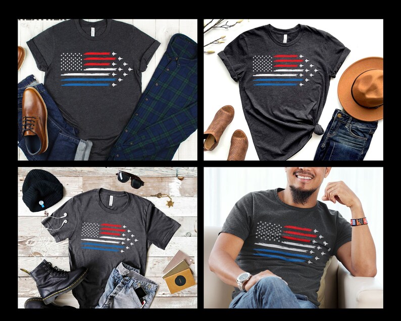Puede incluir: Una camiseta gris oscuro jaspeada con un dise&ntilde;o de bandera estadounidense desgastado que presenta una l&iacute;nea azul fina y siluetas blancas de aviones. La camiseta se muestra en un modelo que lleva pantalones vaqueros azules y un reloj.
