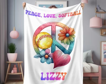 Girl's Softball Blanket, Personalized Softball Player End Of Season Team Gift, Retro Blanket with Name