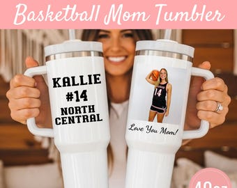 Basketball Mom Tumbler Personalized Photo Gift, Sports Picture Cup, Tournament Travel Mug, Custom Mother’s Day Gift