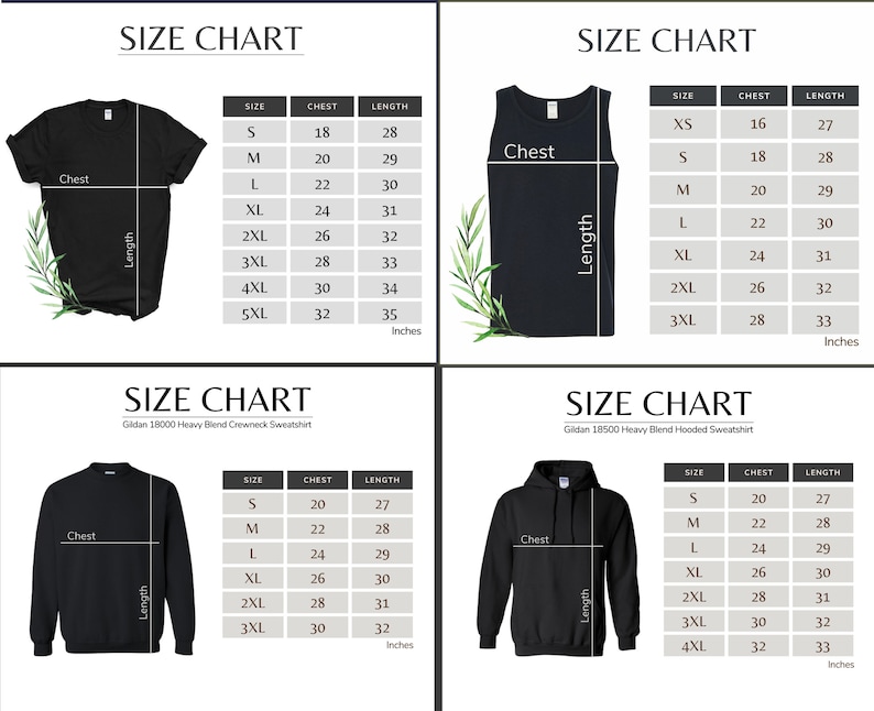 May include: Size chart for Gildan 18000 Heavy Blend Crewneck Sweatshirt and Gildan 18500 Heavy Blend Hooded Sweatshirt. The chart shows the chest and length measurements in inches for sizes XS, S, M, L, XL, 2XL, 3XL, 4XL, and 5XL.