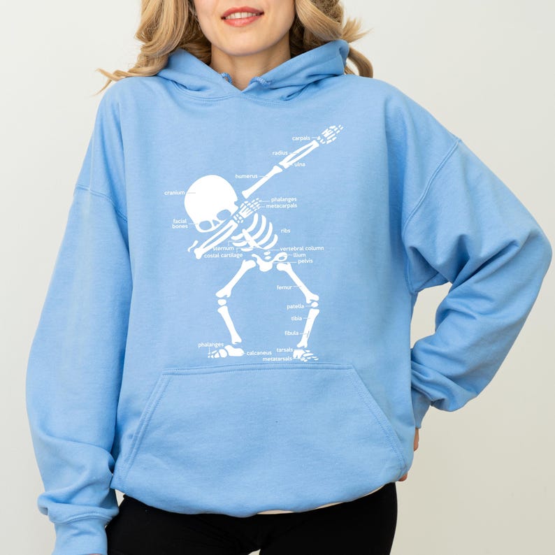 Medical anatomy hoodie showing skeletal bone labels. Labeled skull bone diagram apparel for doctors and nurses