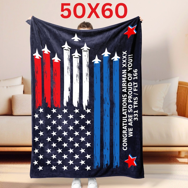 This is a picture of a custom BMT blanket. It is a personalized blanket for the Air Force Airman Graduate for a graduation gift.