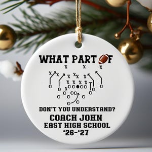 Custom football coach ornament hanging on Christmas tree with football play design, personalized coach name, team school and year, football coaching staff gift, end of season coach appreciation keepsake and Christmas gift, Mom’s Next Adventure.