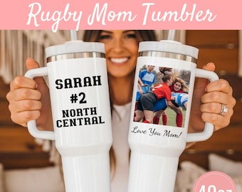 Rugby Mom Gift Personalized Photo Tumbler 40oz with Handle, Rugby Player Picture Cup