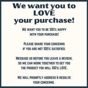 Op de afbeelding: Een blauwe en witte tekstafbeelding met de boodschap "We want you to LOVE your purchase!" en details over hoe je contact kunt opnemen met de verkoper als je niet tevreden bent met je aankoop.