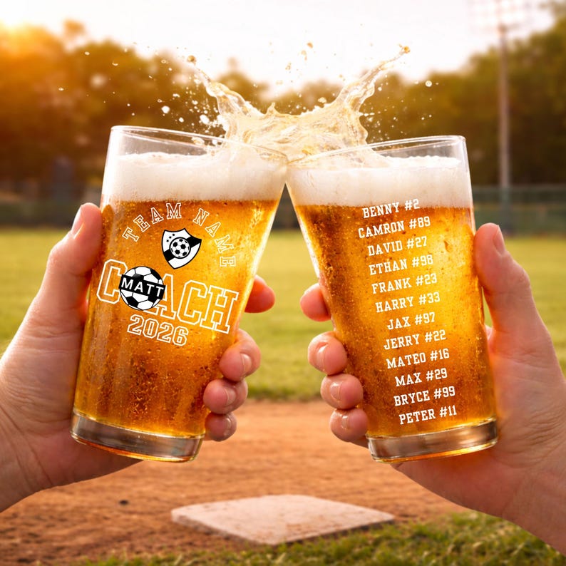 Custom Soccer coach beer glass with full team roster names end of season coach appreciation gift mom's next adventure