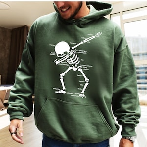 Medical anatomy hoodie showing skeletal bone labels. Labeled skull bone diagram apparel for doctors and nurses