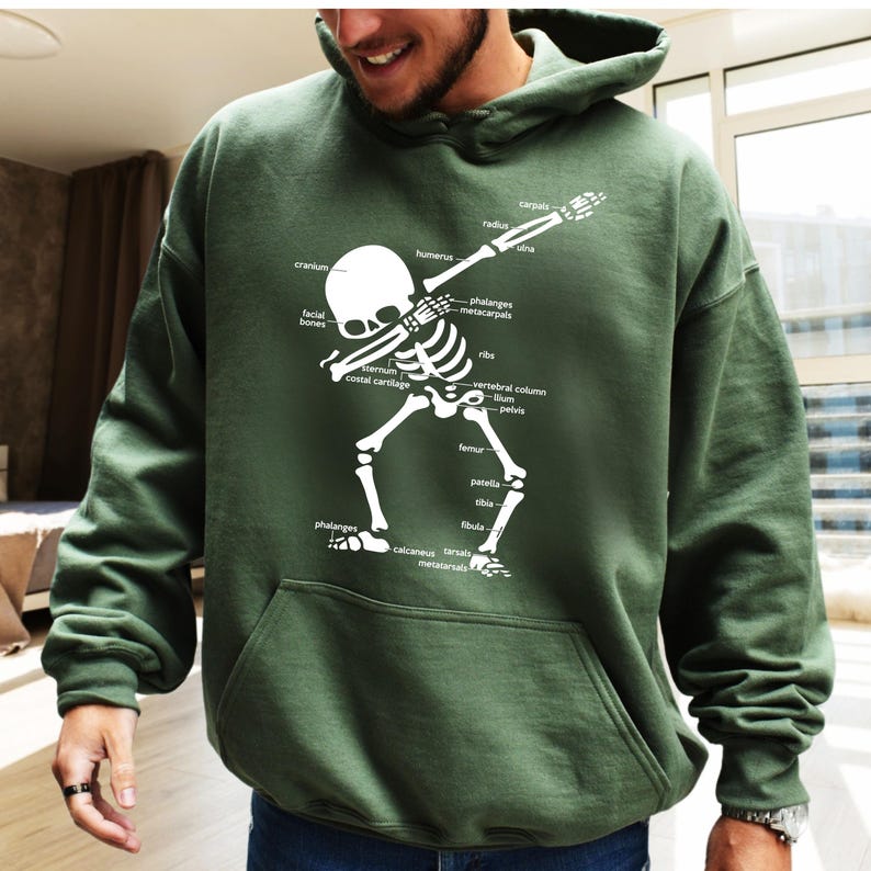 Medical anatomy hoodie showing skeletal bone labels. Labeled skull bone diagram apparel for doctors and nurses