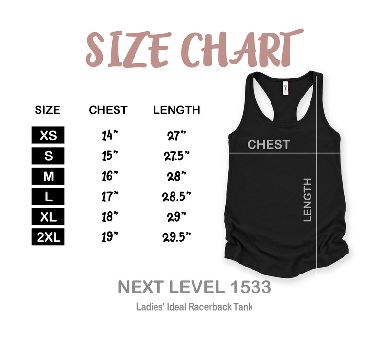 Op de afbeelding: Een zwarte tanktop met een maattabel. De tabel toont maten XS tot 2XL, met borstmetingen van 35,5 cm tot 48,3 cm en lengtes van 68,6 cm tot 74,9 cm. De tekst "SIZE CHART" staat bovenaan.