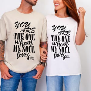 Christian matching couple shirts with scripture text, husband and wife faith based t shirts holding hands