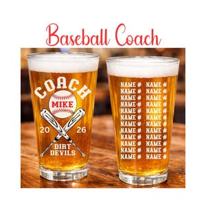 Baseball Coach Pint Glass with Roster, PersonalizedEnd-of-Season or Banquet Gift