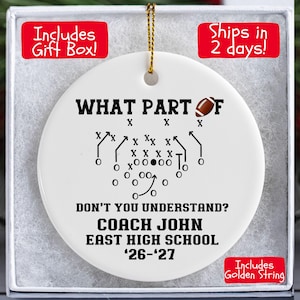 Personalized football coach Christmas ornament featuring custom coach name, school name, season year, football play diagram and funny coach quote, ceramic sports ornament and football coach appreciation gift, Mom’s Next Adventure.