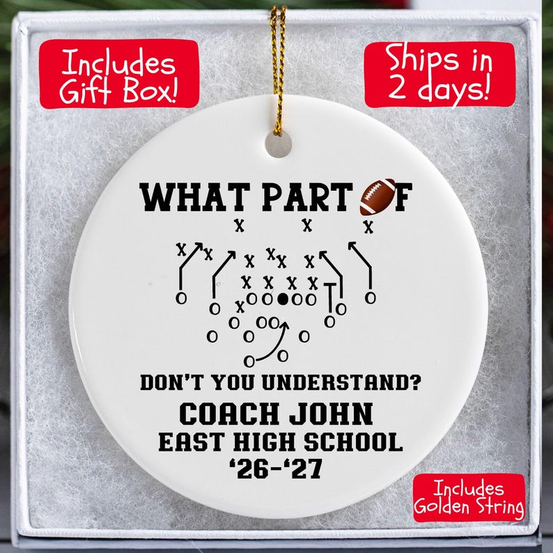 Personalized football coach Christmas ornament featuring custom coach name, school name, season year, football play diagram and funny coach quote, ceramic sports ornament and football coach appreciation gift, Mom’s Next Adventure.