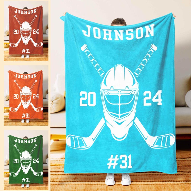 Aqua hockey blanket with personalized name and number – Moms Next Adventure