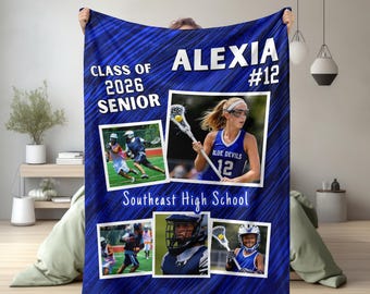 Lacrosse Senior Gifts Class of 2026 Personalized Photo Blanket, Lacrosse Team Gift Senior Night, School Colors