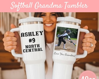 Softball Grandma Gift Personalized Photo Tumbler 40oz for Grandmother From Grandkids, Game Day Custom Tumbler