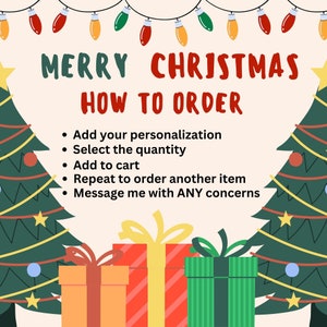 May include: A Christmas-themed instructional graphic featuring two stylized green pine trees, colorful string lights, and three gift boxes. The text reads: MERRY CHRISTMAS HOW TO ORDER, followed by a bulleted list of five ordering steps.