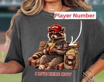 Baseball Mom Shirt Funny Comfort Colors® Shirt, I Live Here Now Shirt, Personalized Player Number Game Day Tee