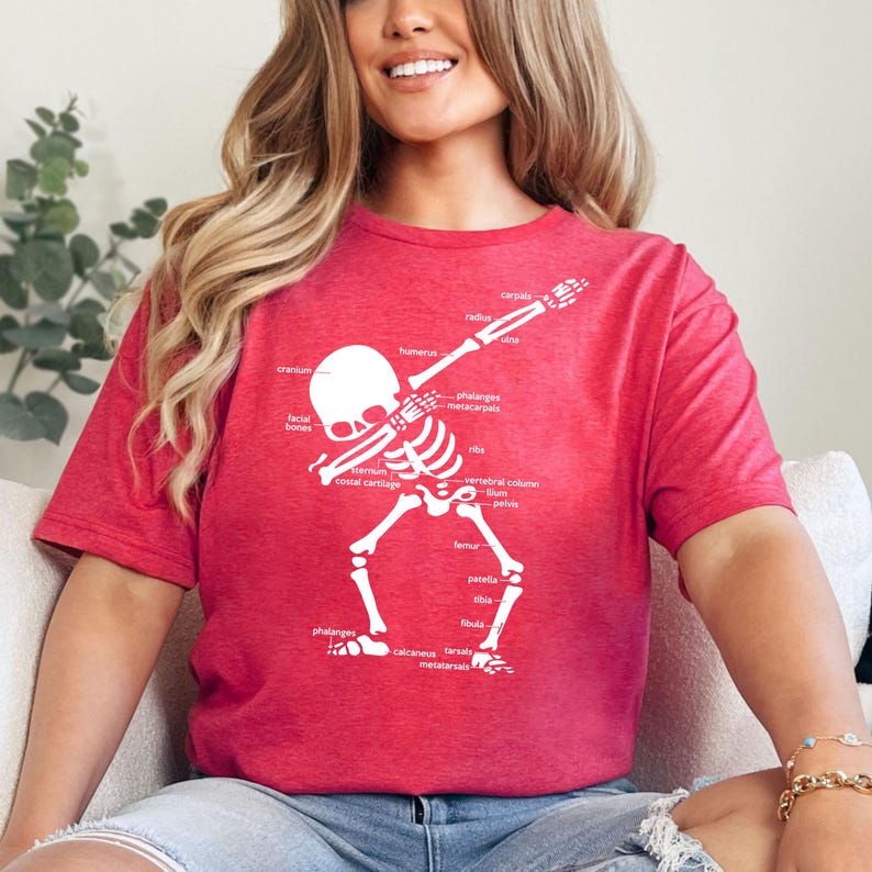 Anatomy skull t-shirt with labeled bones and ligaments. Gift for medical or nursing students with labeled bones art. Detailed human skeleton skull shirt design