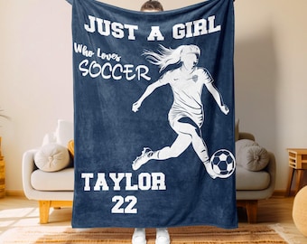 Girls Soccer Blanket with Name & Number, Personalized Soccer Gift for Player or Team