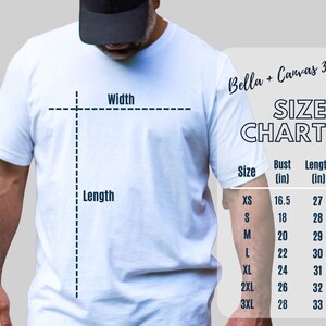 Puede incluir: Tabla de tallas para camisetas Bella + Canvas 3001, que muestra las medidas de busto y largo en pulgadas para las tallas XS a 3XL.
