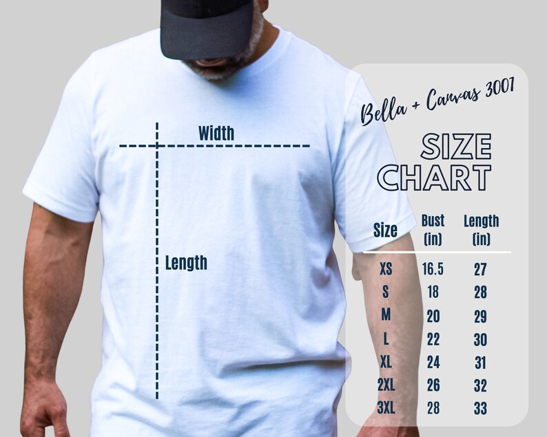Puede incluir: Tabla de tallas para camisetas Bella + Canvas 3001, que muestra las medidas de busto y largo en pulgadas para las tallas XS a 3XL.