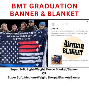 This is a picture of a custom BMT blanket. It is a personalized blanket for the Air Force Airman Graduate for a graduation gift.