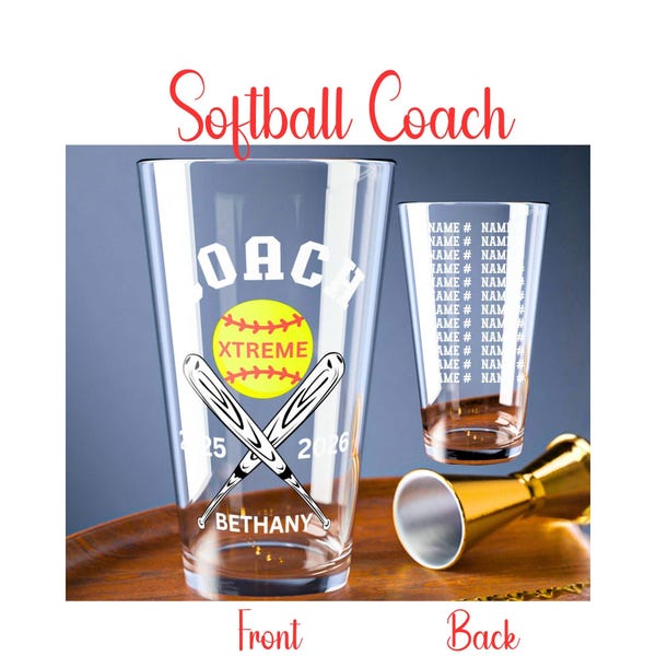 Vaso de pinta personalizado para entrenador de sóftbol con la lista del equipo – Regalo de fin de temporada