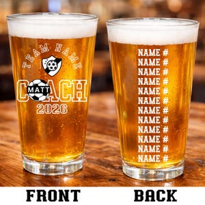 Soccer team coach pint glass personalized with player names and numbers tournament champion gift mom's next adventure