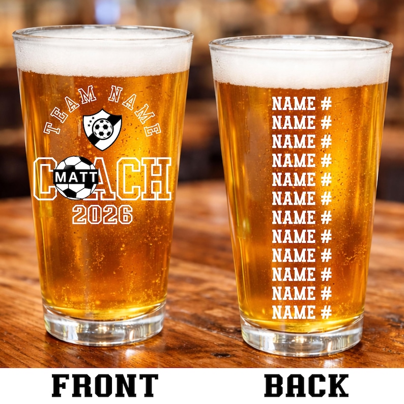 Soccer team coach pint glass personalized with player names and numbers tournament champion gift mom's next adventure