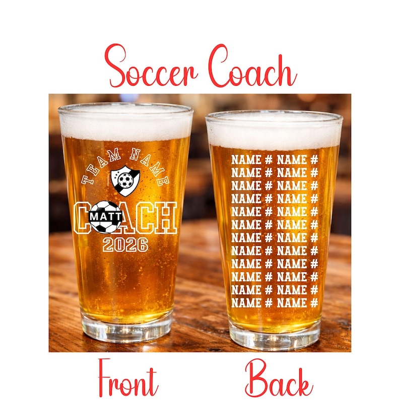 Personalized Soccer coach pint glass with team roster names and numbers custom beer glass team banquet gift mom's next adventure