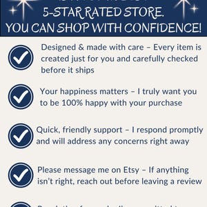 May include: A dark blue and cream informational graphic with white text stating: MOM'S NEXT ADVENTURE IS A TOP 1% ETSY 5-STAR RATED STORE. YOU CAN SHOP WITH CONFIDENCE! Five bullet points follow, each marked with a white checkmark in a dark blue circle.