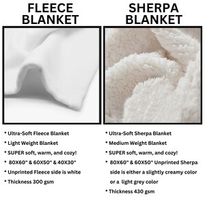 Op de afbeelding: Close-up van twee verschillende soorten dekens: een wit fleece deken en een wit sherpa deken. Het fleece deken wordt beschreven als ultra-zacht, lichtgewicht en superzacht, warm en knus. Het sherpa deken wordt beschreven als ultra-zacht, middelzwaar, superzacht, warm en knus. Beide dekens zijn verkrijgbaar in 80x60 inch en 60x50 inch. Het fleece deken is ook verkrijgbaar in 40x30 inch. Het fleece deken is onbedrukt en wit. Het sherpa deken is onbedrukt en heeft een licht cr&egrave;mekleurige of lichtgrijze kleur. Het fleece deken is 300 gsm en het sherpa deken is 430 gsm.