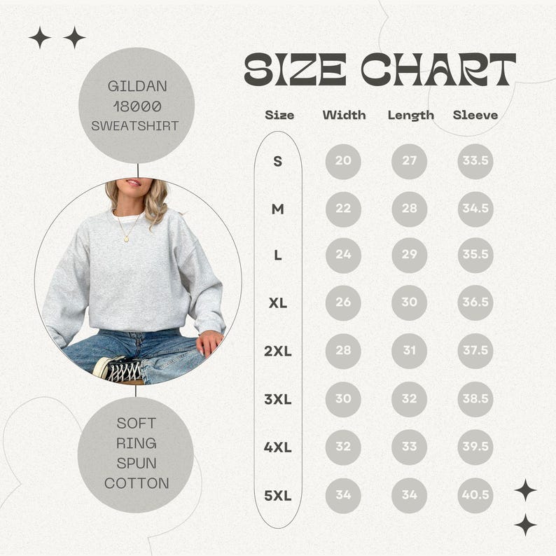 May include: A light gray Gildan 18000 sweatshirt with a size chart. The chart lists sizes S to 5XL, with measurements for width, length, and sleeve length in inches. The sweatshirt is made of soft ring-spun cotton.
