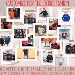 Puede incluir: Un collage de im&aacute;genes que muestran ropa personalizable para toda la familia. Las im&aacute;genes presentan varios estilos de camisas, sudaderas con capucha y monos para beb&eacute;s, ni&ntilde;os peque&ntilde;os y j&oacute;venes. El texto "CUSTOMIZE FOR THE ENTIRE FAMILY!" se muestra en la parte superior del collage.