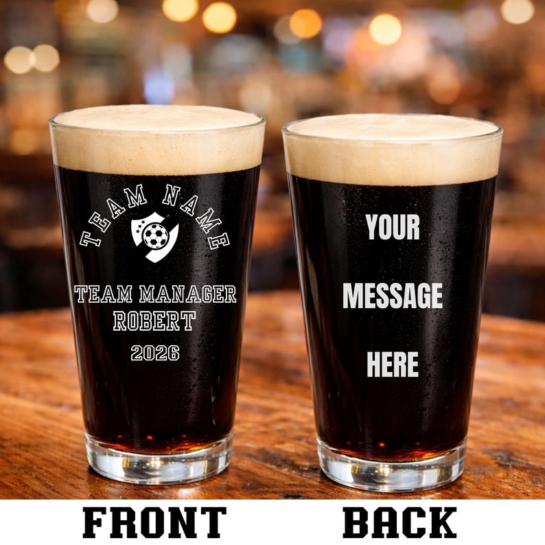 Personalized soccer team manager pint glass custom team roster beer glass team banquet gift mom's next adventure