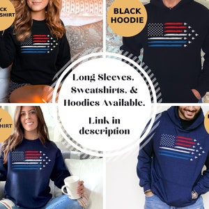 Puede incluir: Cuatro estilos diferentes de sudaderas y sudaderas con capucha con un dise&ntilde;o de bandera estadounidense de l&iacute;nea azul delgada en un esquema de color rojo, blanco y azul. El texto "Mangas largas, sudaderas y sudaderas con capucha disponibles. Enlace en la descripci&oacute;n" se muestra en el centro de la imagen.