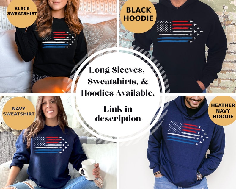 Puede incluir: Cuatro estilos diferentes de sudaderas y sudaderas con capucha con un dise&ntilde;o de bandera estadounidense de l&iacute;nea azul delgada en un esquema de color rojo, blanco y azul. El texto "Mangas largas, sudaderas y sudaderas con capucha disponibles. Enlace en la descripci&oacute;n" se muestra en el centro de la imagen.
