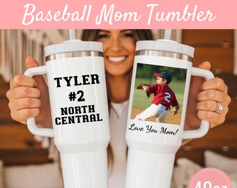 Baseball Mom Gift Photo Tumbler, Personalized Baseball Cup with Childs Picture, Custom 40oz Tumbler Handle Straw