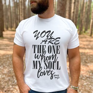 Christian husband t shirt with religious scripture design outdoors in forest
