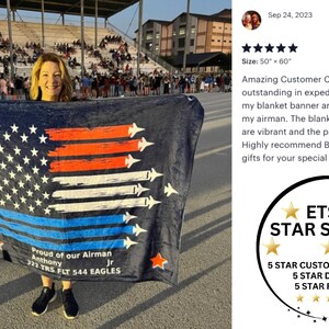 This is a picture of a custom BMT SHERPA blanket. It is a personalized SHERPA blanket for the Air Force Airman Graduate for a graduation gift.