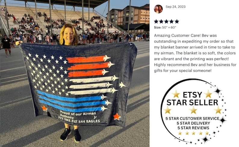 This is a picture of a custom BMT SHERPA blanket. It is a personalized SHERPA blanket for the Air Force Airman Graduate for a graduation gift.