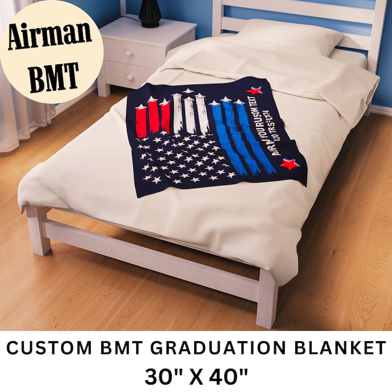 This is a picture of a custom BMT blanket. It is a personalized blanket for the Air Force Airman Graduate for a graduation gift.