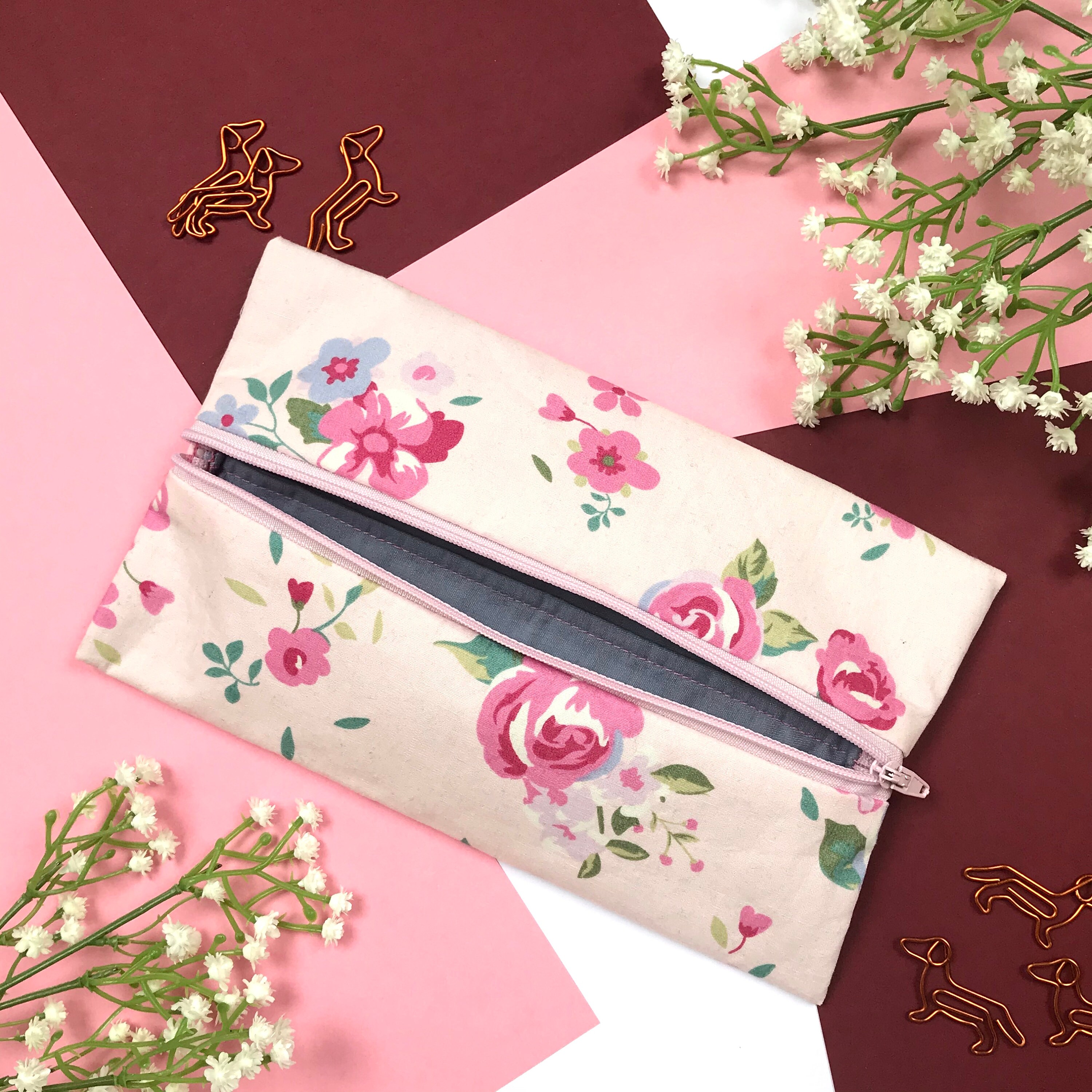 Pencil case Pale pink floral with blue lining handmade Etsy